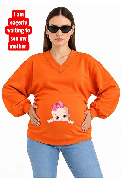 HELLO ROMA 3 Yarn Combed Cotton Printed Maternity V-Neck Sweatshirt Jr1