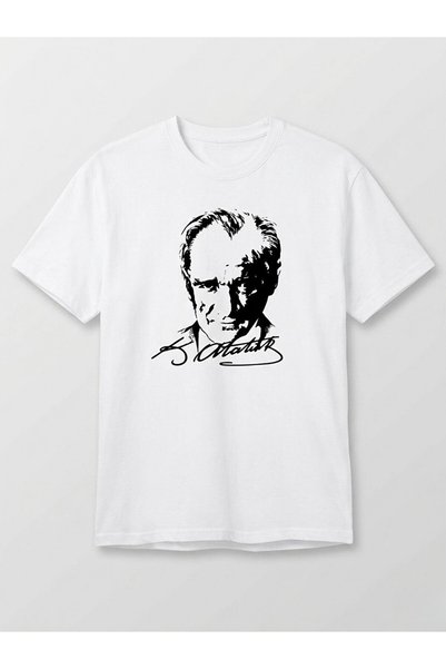 Flubutik Tricou unisex alb din bumbac cu imprimeu Ataturk