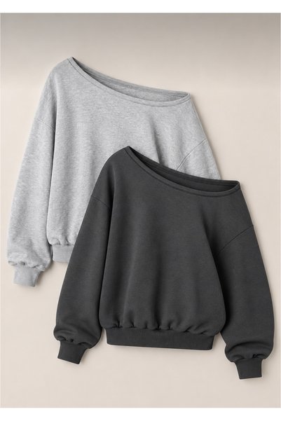 FUFLUNS Printless 2-Pack Gray-Anthracite Color Oversize Women's Boat Neck Swe...