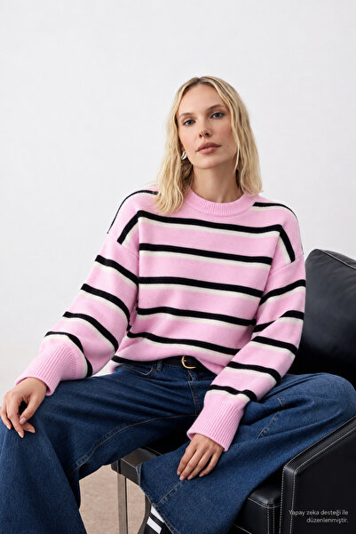 Layk Mayk Women's Oversize Striped Soft Textured Pink Sweater-00553667