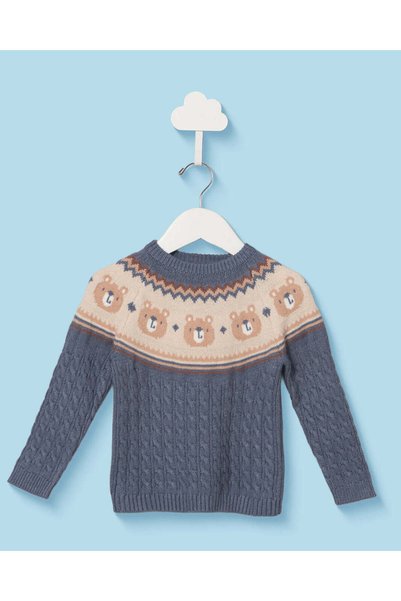 REDTAG Infant Boys Navy Bear Fair Isle Sweater
