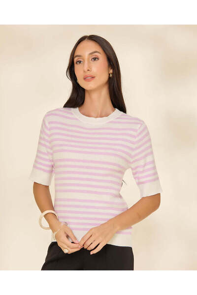 REDTAG Women Pink Striped Crew Neck Short Sleeve Sweater