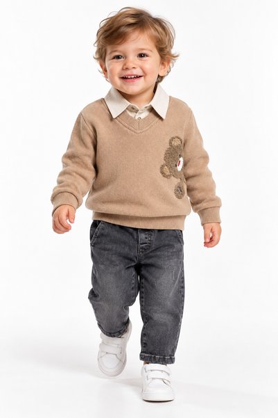 tinytrends Erkek Bebek Takımı 3'lü Ayıcık Nakışlı Kazak Gömlek Denim Pantolon Kombin Bayramlık