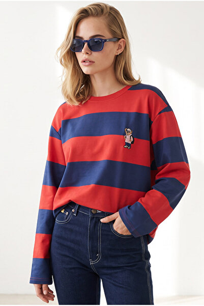 Olalook Kadın Bordo Lacivert Ayıcık Nakışlı Kalın Şeritli Sweatshirt SWT-19000808