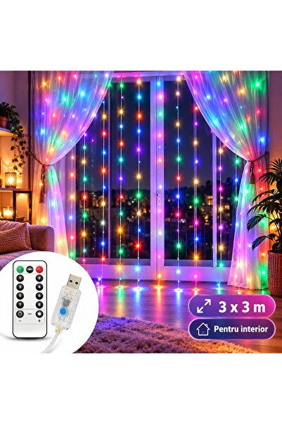 SHOPPINO Instalație luminoasă tip perdea (2 buc.) 3x3 m, 300 LED-uri, 8 moduri de iluminare, USB, Multicolor, 2 bucăți