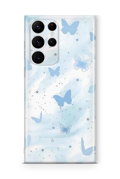 FLAMENKO Samsung Galaxy S22 Ultra Compatible Pastel Blue Butterfly Pattern Tr...