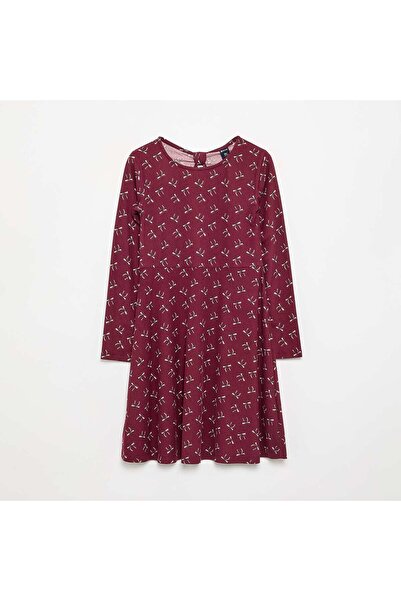 KIABI Printed Long-Sleeved Dress Red