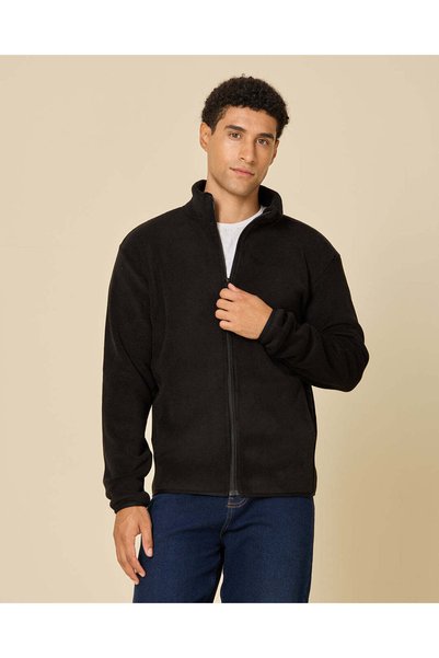 REDTAG Men Black Full-Zip Polar Fleece Jacket