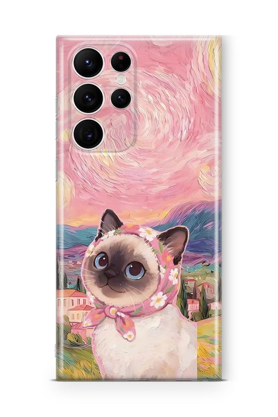 FLAMENKO Samsung Galaxy S23 Ultra Compatible Van Gogh Themed Cat Pattern Tran...