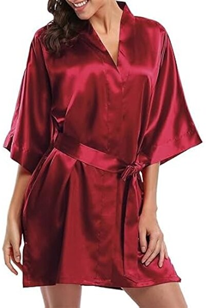 Generic Womens Silk Robe Satin Robe Silky Kimono Lace Bathrobe Sleepwear Wedd...
