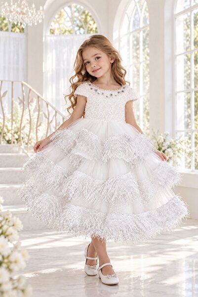 Lindissima Girl's Sequined, Stone Embellished, Layered Tulle, Sleeved, Bow, C...