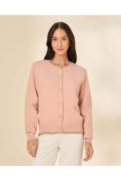 REDTAG Women Pink Knitted Button Front Crew Neck Sweater