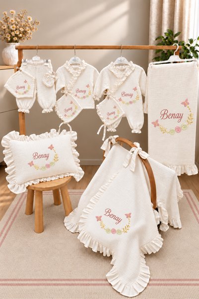 Baby Clime İsme Özel Baskılı 10'lu Müslin Hastane Çıkışı Seti 4 Kat %100 Pamu...
