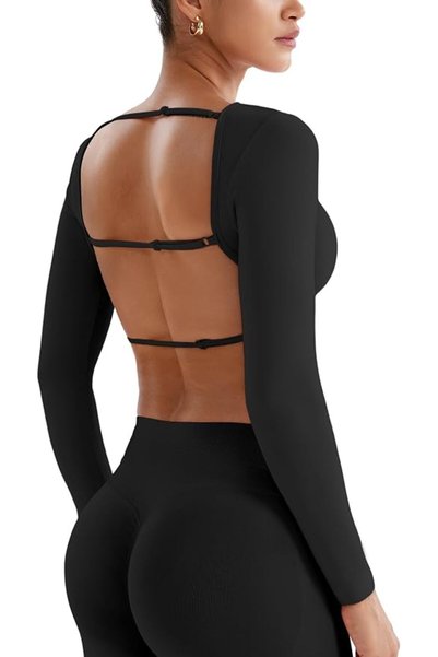 GENERAL YEOREO Women's Backless Long Sleeve Adjustable Straps Seamless Crop T...