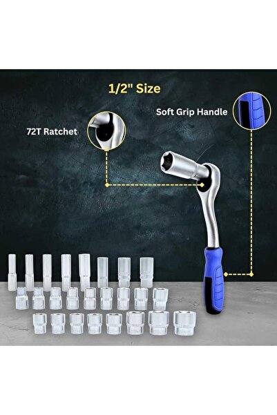 VTOOLS 26 PC 1/2" Drive CRV Socket Set in Portable Metal Case, Includes Extension Bars, Universal Jo
