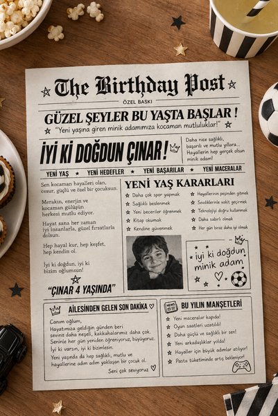 Pankart Evi Erkek Çocuk Doğum Günü Partisi Gazete Sayfası 10 adet - A5 ölçüsü Tek Yön - Happy Birthday Yaş Günü Doğumgünü