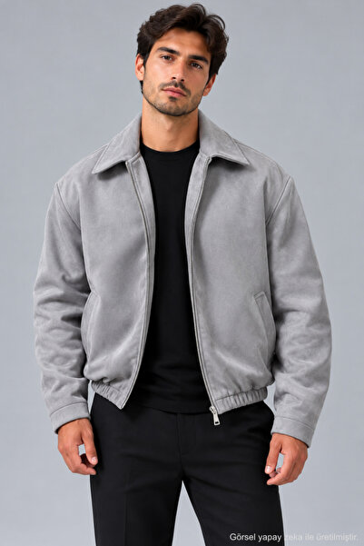 QUHOX Erkek Süet Bomber Ceket - Gri