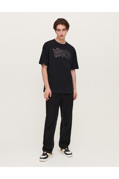 House Tricou negru cu mânecă scurta, lejeră, cu aplicație de text Paranoid
