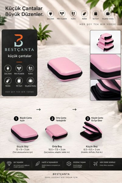 BestÇanta TrioShield Hard Case Organizer 3 lü Mini Çanta Set, Şarj Aleti, Min...
