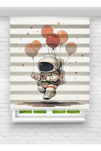 Sevimli Astronot Ve Turuncu Balonlar Motifli Uzay Macera Desenli Dijital Zebra Perde - Erkek Bebek Ve Çocuk Odası Perdesi