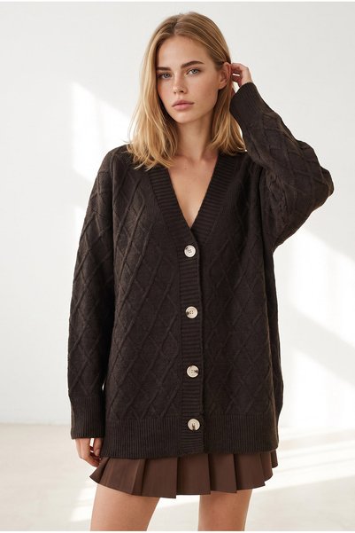 Olalook Women's Dark Brown Diamond Patterned Casual Cardigan Hrk-19000511