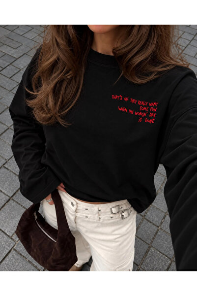 Eka Tricou negru cu mânecă lungă și slogan viral pentru femei, model oversize...