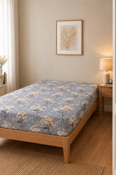 mihriban Single Cotton Bed Sheet Non-Elastic Grey Floral (Bed Sheet Only)