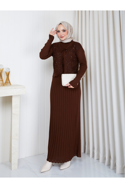 EFSUN MODA Women's Long Knitted Dress with Silver Detailing