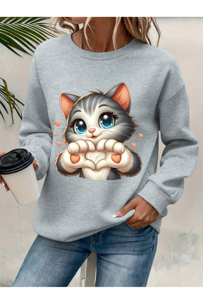 one button Unisex Women'S/Men's Heart-Making Cat Printed Premium Crew Neck Ov...