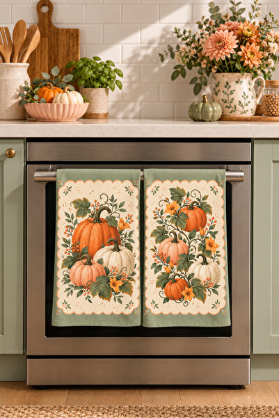 milbaygrup Sage Harvest Floral Pumpkin Patterned 2-Piece Kitchen Towel Set 35X55