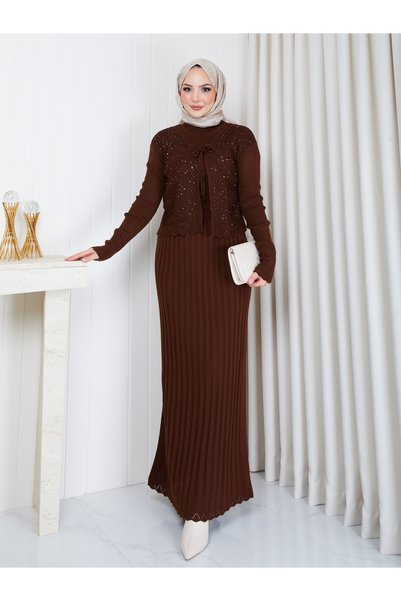 EFSUN MODA Women's Long Knitted Dress with Silver Detailing