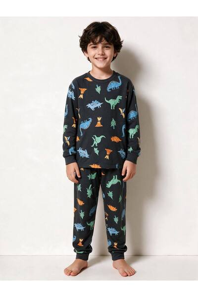 İsobel Kids Erkek Çocuk Dinazor Desenli Füme Renk Uzun Kollu Süprem Kumaş Pijma Takımı