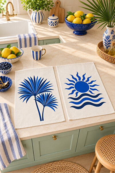 Evmila Cobalt Sun Cobalt Blue Palm Sun and Wave Patterned 2-Piece Kitchen Tow...