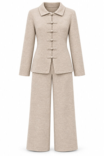 Noi Belis Polo Collar Snap Button Detailed Knitwear Jacket and Wide Leg Pants...