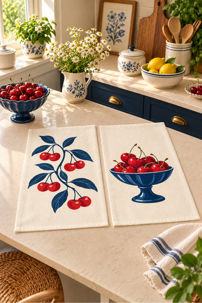 Evmila Cherry Cobalt Red Cherry and Blue Bowl Patterned 2-Piece Kitchen Towel...