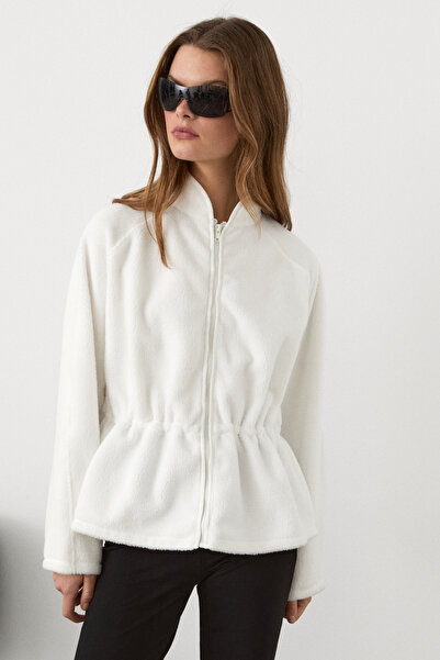 GRIMELANGE Arbour women's stopper ruched detail zippered fleece ecru sweatshirt