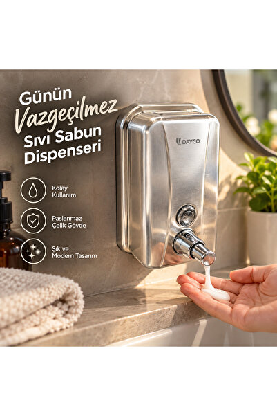 DAYCO Paslanmaz Çelik Sıvı Sabun/Köpük Dispenseri 500 ml / 1000 ml Duvara Monte Sabunluk