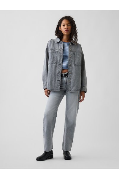 GAP Kadın Açık Gri Mid Rise Straight Taper Jean Pantolon