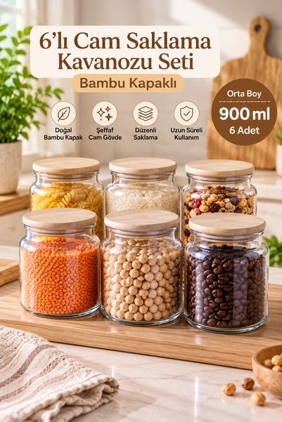 MAKRİ HOME 6-Piece Glass Storage Jar with Bamboo Lid 900 ml