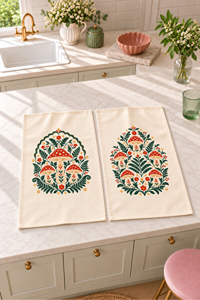 Evmila Mushroom Forest Mushroom and Flower Patterned 2-Piece Kitchen Towel Se...