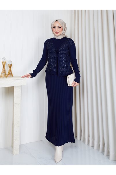 EFSUN MODA KADIN PELERİN SİMLİ DETAYLI UZUN TRİKO ELBİSE