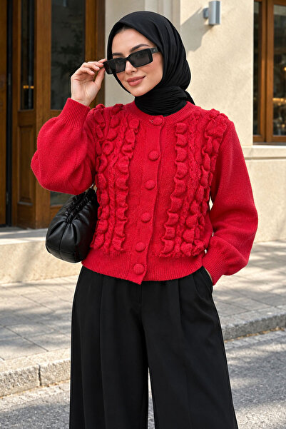 Tesettür Dünyası Strickjacke mit Rüschen vorne TSD260337 Rot