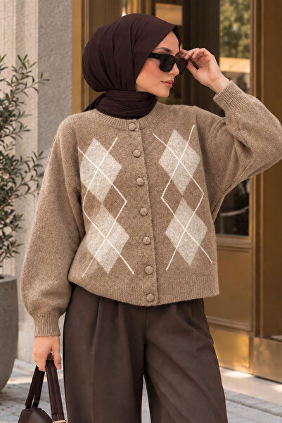 Tesettür Dünyası Strickjacke mit Baklava-Muster TSD260342 Nerz