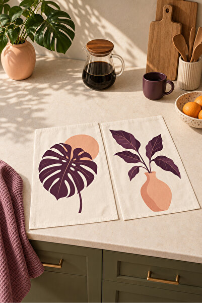 Evmila Set modern de 2 prosoape de bucătărie cu model Plum Monstera, frunze d...