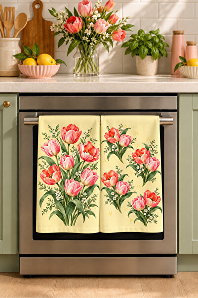 Evmila Set de prosoape de bucătărie cu model lalele Tulip Glow, 2 piese, 35x55