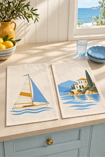 Evmila Set de 2 prosoape de bucătărie Riviera Sail, cu model albastru, galben...