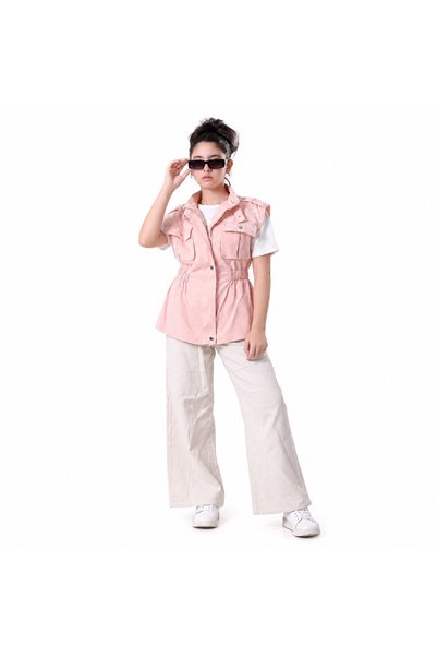 Other Girls' Set 3 Pcs Pink Button Pocket Vest + White T-Shirt + Flared Pants