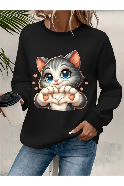 one button Unisex Women'S/Men's Heart-Making Cat Printed Premium Crew Neck Ov...