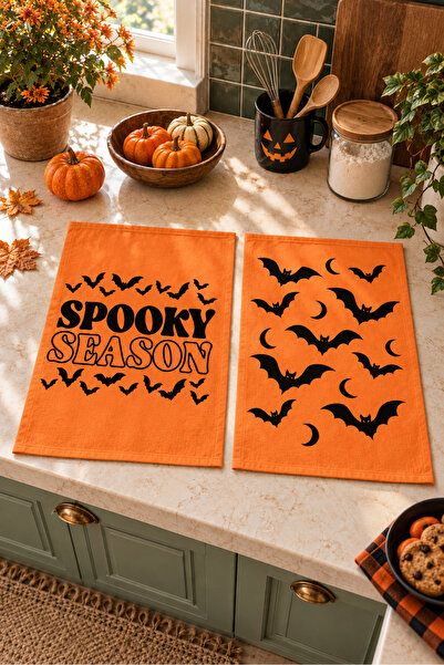 milbaygrup Spooky Orange Yarasa Desenli 2'li Mutfak Havlusu Seti 35x55