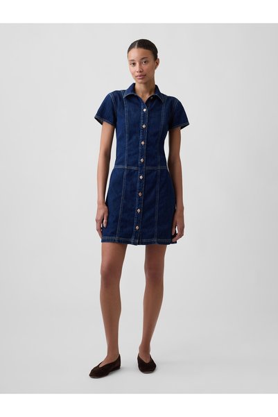 GAP Kadın Koyu Mavi Denim Düğmeli Mini Elbise